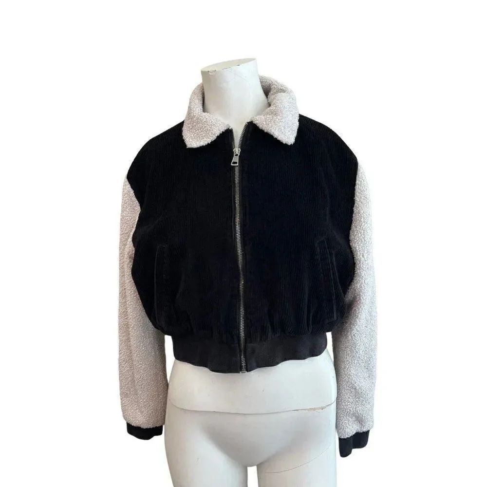 RVCA Women's XS Cropped Corduroy Cropped Jacket Black Faux Fur Coat